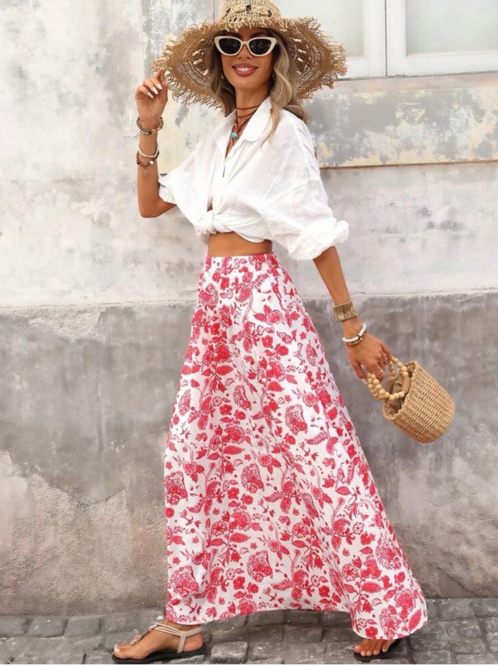 SHEIN White & Red Floral Maxi Skirt